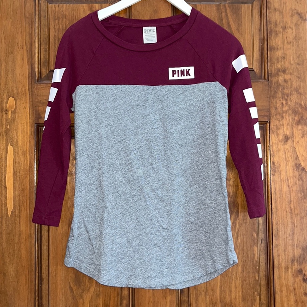VS PINK Logo Long Sleeve Burgundy/Gray Tee - XS